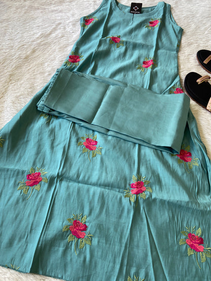 Sleeveless Kurti With Beautiful Embroidery Work And Plain Full Flair Palazzo. Silk Aline Kurti Sets For Women