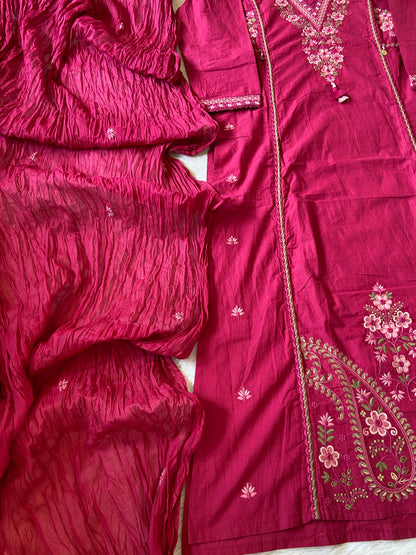 Embroidery Work Cotton Aline Kurti, Pant And Dupatta. Cotton Suit Sets For Women Online India. Shop the Latest Festive Summer Collection at Shivani Designer Kurti.