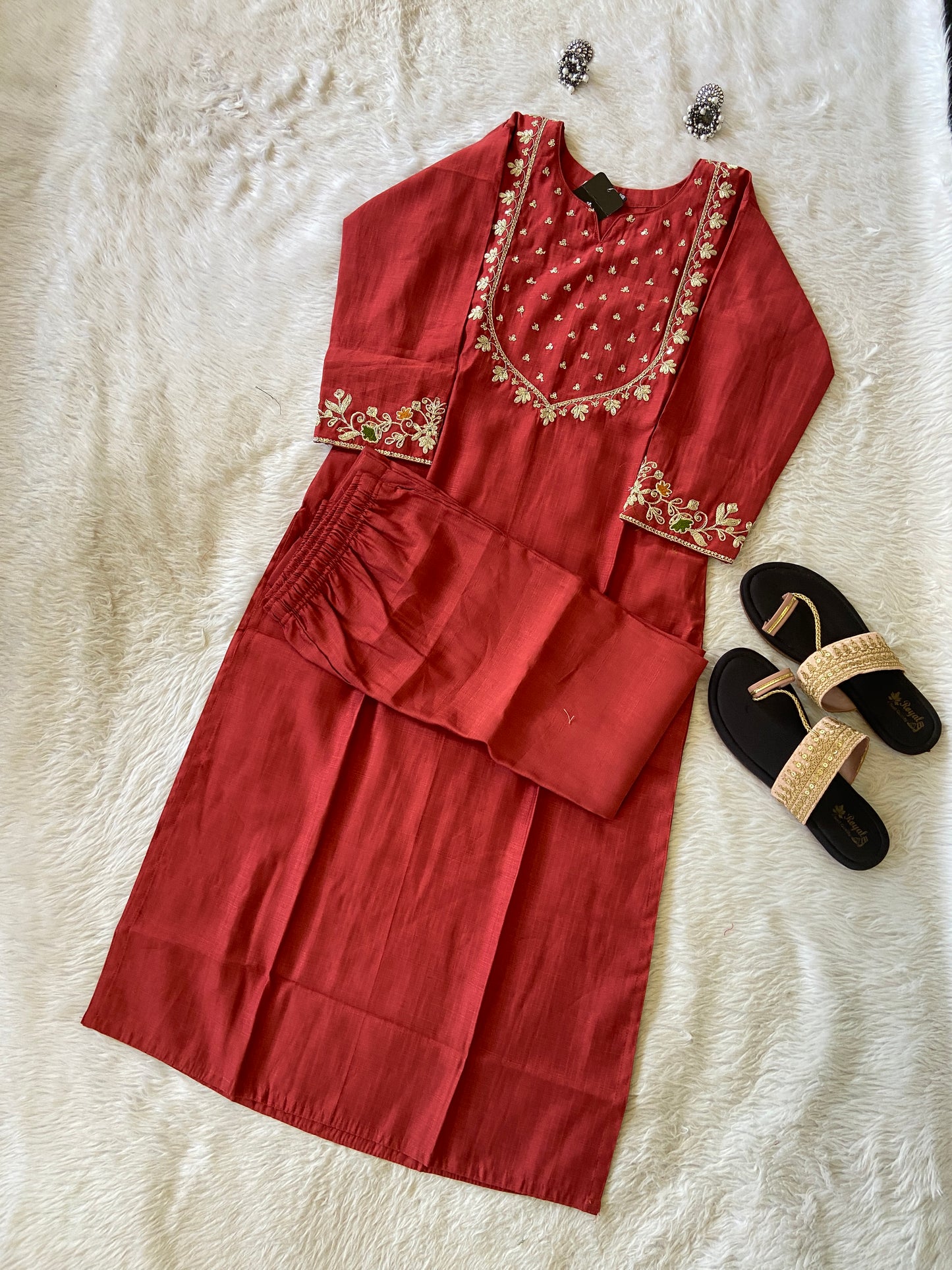 Sleeve Work And Neck Work Kurti With Matching Palazzo, Silk StraightCut Kurti Sets For Women