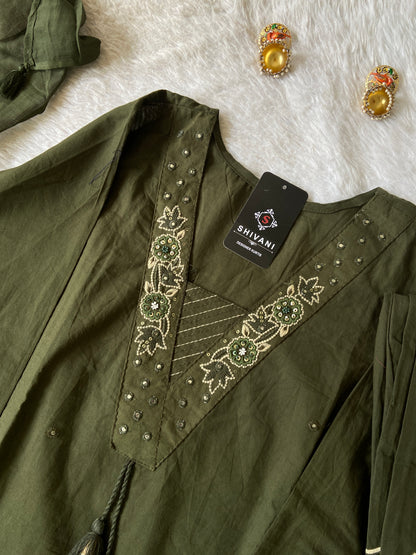 V-neck Style Embroidery Work Cotton Straight Kurtis With Palazzo And Dupatta.. Cotton Suit Sets For Women Online India. Shop the Latest Festive Summer Collection at Shivani Designer Kurti.