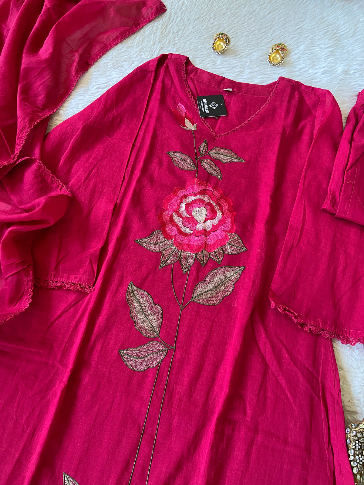 Flower Embroidery Work Cotton Aline Kurti, Pant And Dupatta. Cotton Suit Sets For Women Online India. Shop the Latest Festive Summer Collection at Shivani Designer Kurti.