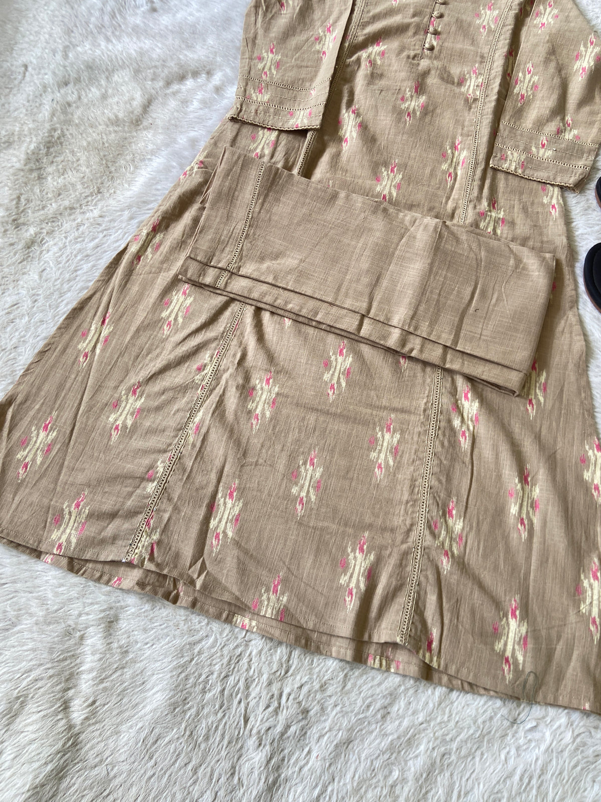 Ikkat Print, Cotton Aline Kurti With Palazzo. Cotton Kurti Sets For Women Online India. Shop the Latest Festive Summer Collection at Shivani Designer Kurti.