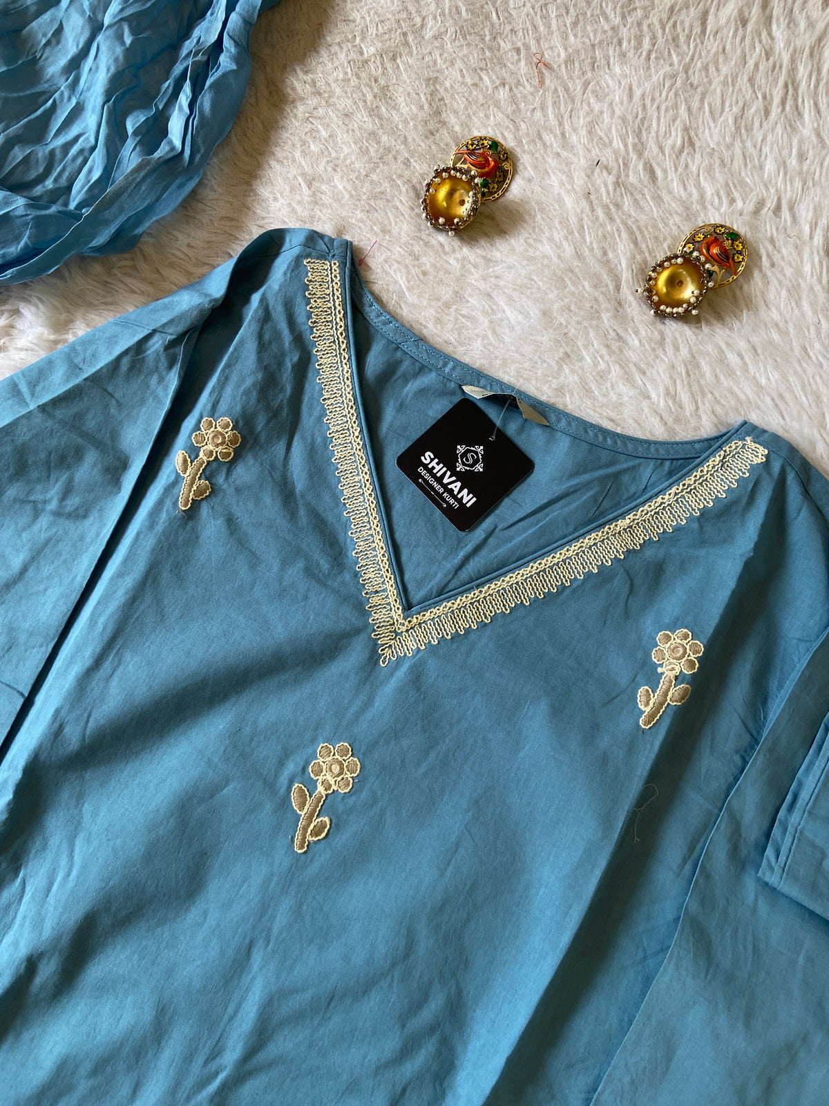 Flower Embroidery Work Cotton Straight Kurti, Pant And Dupatta. Cotton Suit Sets For Women Online India. Shop the Latest Festive Summer Collection at Shivani Designer Kurti.