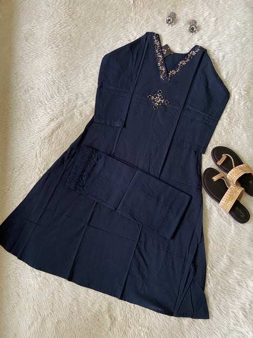 V-Neck Golden Work Cotton Aline Kurti And Palazzo. Cotton Aline Kurti Sets For Women Online India. Shop the Latest Festive Summer Collection at Shivani Designer Kurti.