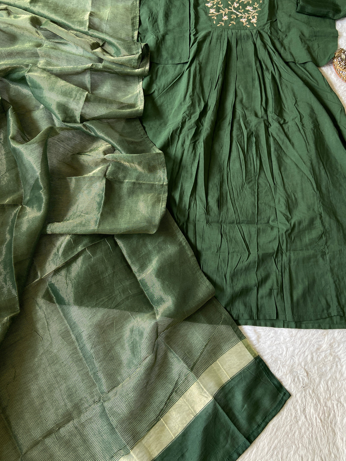 Hand Work Neck, Jamdani Silk Aline Kurti With Palazzo And Dupatta. Silk Suit Sets For Women Online India. Shop the Latest Festive Summer Collection at Shivani Designer Kurti.