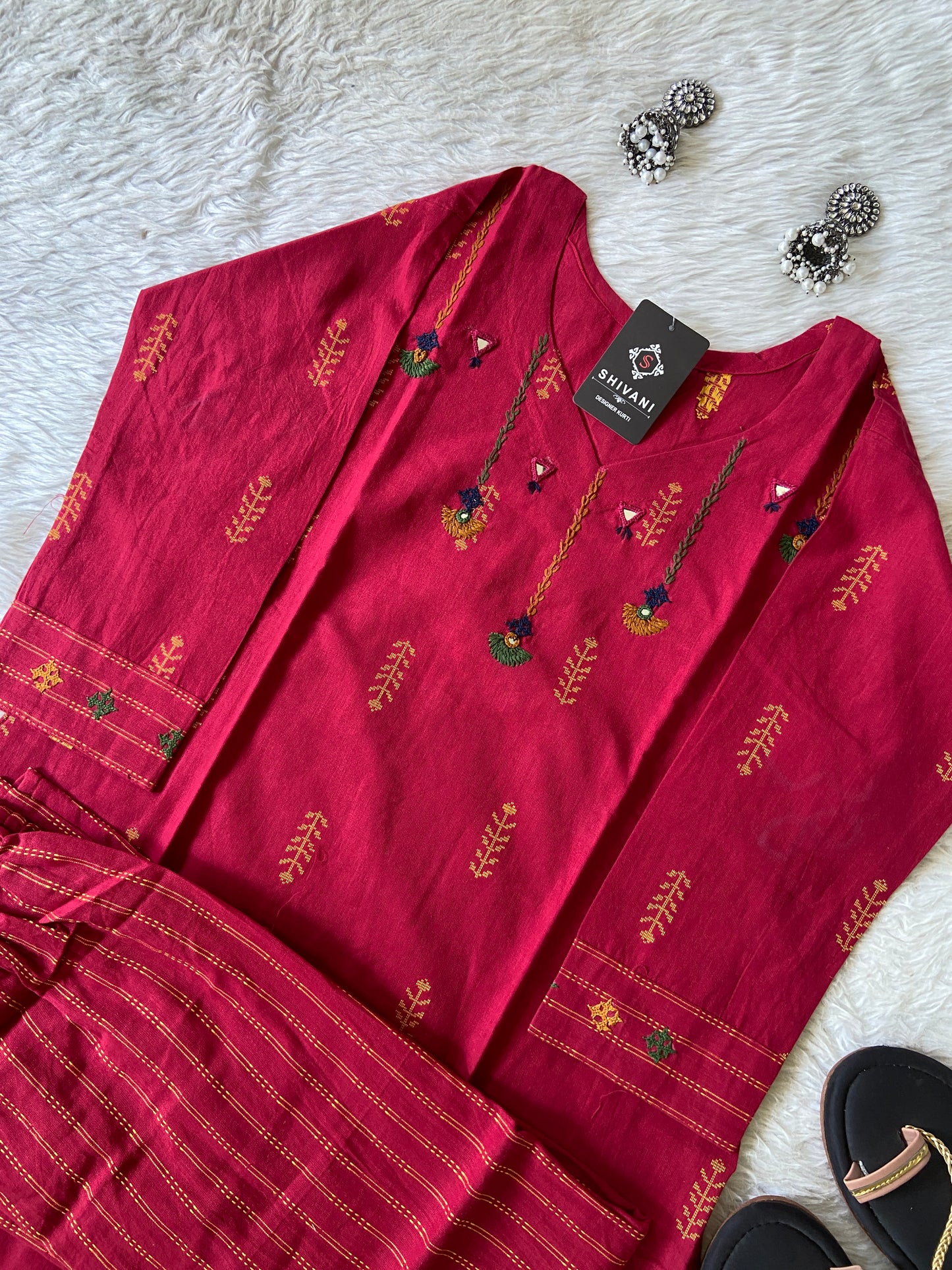 Handwork in Neck Cotton Aline Kurti With Palazzo. Cotton Aline Kurti Sets For Women Online India. Shop the Latest Festive Summer Collection at Shivani Designer Kurti.