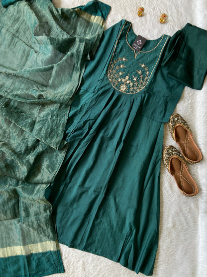 Hand Work Neck, Jamdani Silk Aline Kurti With Palazzo And Dupatta. Silk Suit Sets For Women Online India. Shop the Latest Festive Summer Collection at Shivani Designer Kurti.