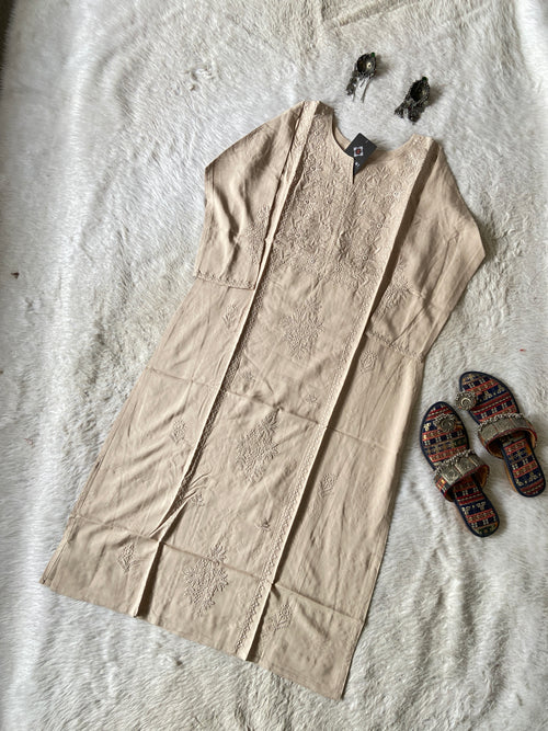 Rayon Straight Lucknowi Chikankari Long Kurti. Rayon Kurti For Women online India. Shop the Latest Festive Summer Collection at Shivani Designer Kurti.