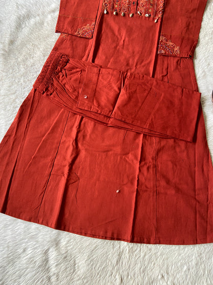 EmbroideryWork In Neck, Cotton Aline Kurti With Palazzo. Cotton Aline Kurti Sets For Women Online India. Shop the Latest Festive Summer Collection at Shivani Designer Kurti.