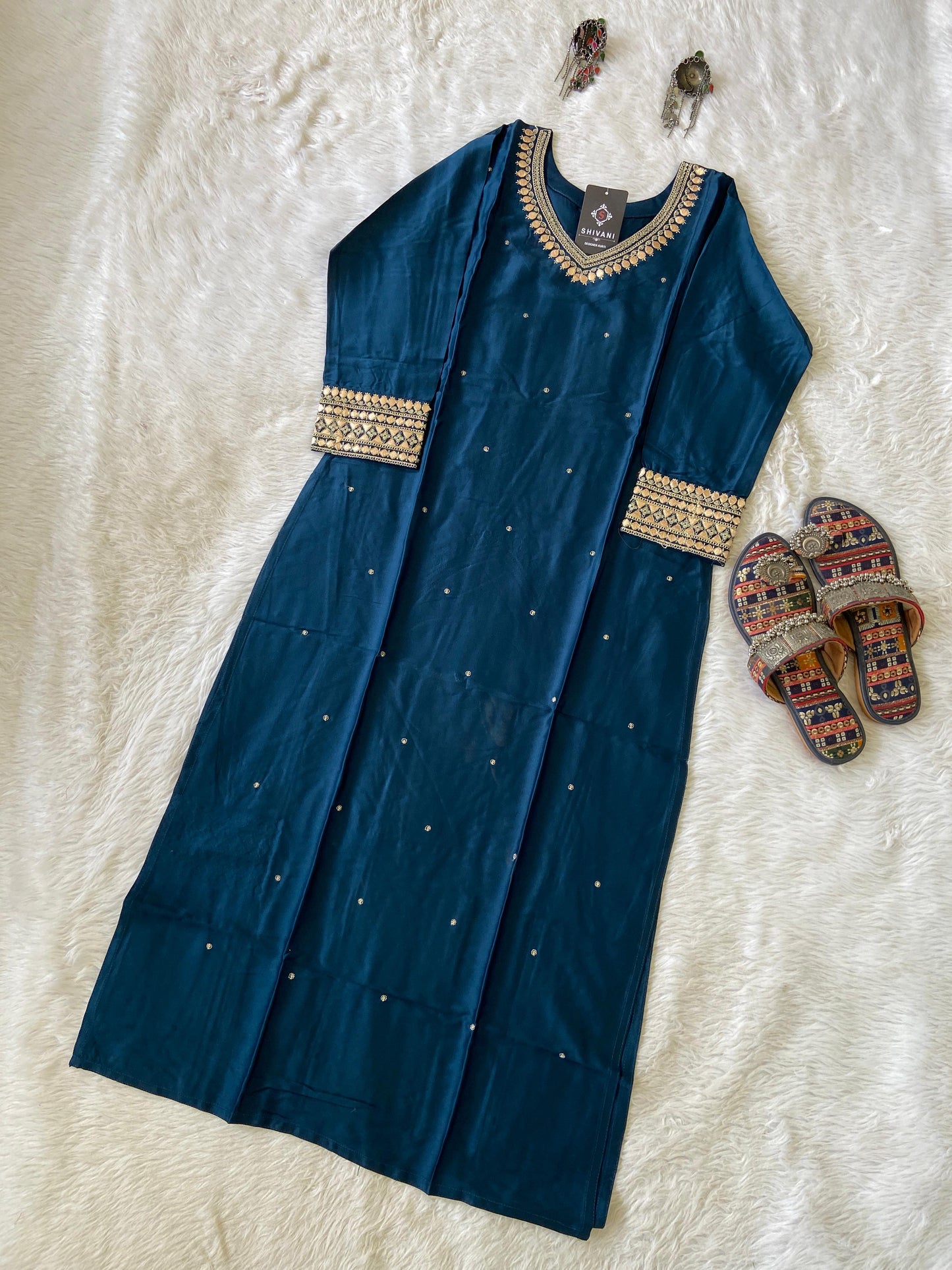 Heavy Gota Patti Work In Neck And Sleeve, Satin Silk Straight Cut Kurti For Women