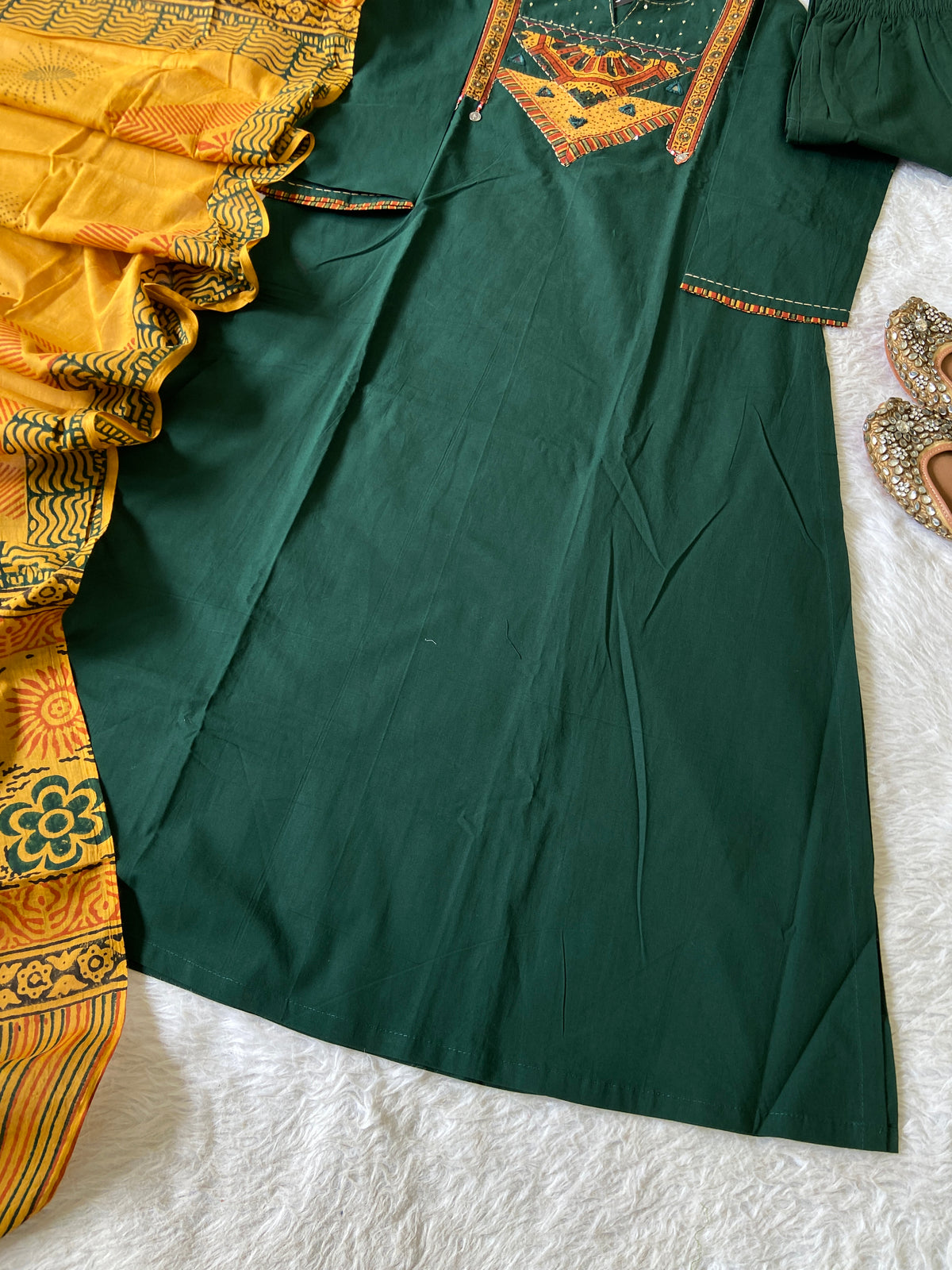 Cotton Hand Work Aline Kurti With Plain Palazzo And Block Printed Dupatta (Gamthi Pair). Cotton Suit Sets For Women Online India. Shop the Latest Festive Summer Collection at Shivani Designer Kurti.
