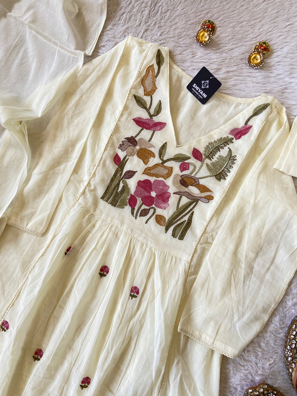 Flower Embroidery Work Cotton Aline Kurti, Pant And Dupatta. Cotton Suit Sets For Women Online India. Shop the Latest Festive Summer Collection at Shivani Designer Kurti.
