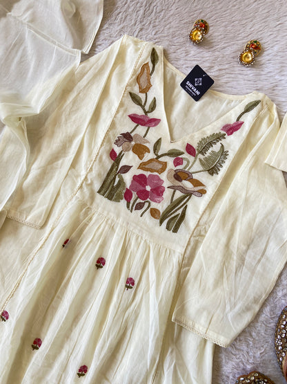 Flower Embroidery Work Cotton Aline Kurti, Pant And Dupatta. Cotton Suit Sets For Women Online India. Shop the Latest Festive Summer Collection at Shivani Designer Kurti.