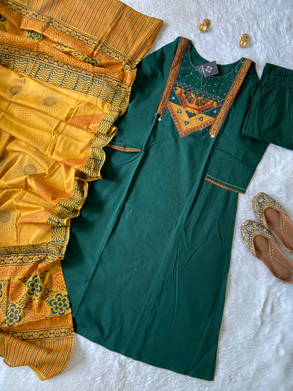 Cotton Hand Work Aline Kurti With Plain Palazzo And Block Printed Dupatta (Gamthi Pair). Cotton Suit Sets For Women Online India. Shop the Latest Festive Summer Collection at Shivani Designer Kurti.