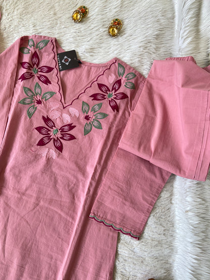 Embroidery Work Cotton Straight Cut Kurti With Pant And Dupatta. Cotton Suit Sets For Women Online India. Shop the Latest Festive Summer Collection at Shivani Designer Kurti.