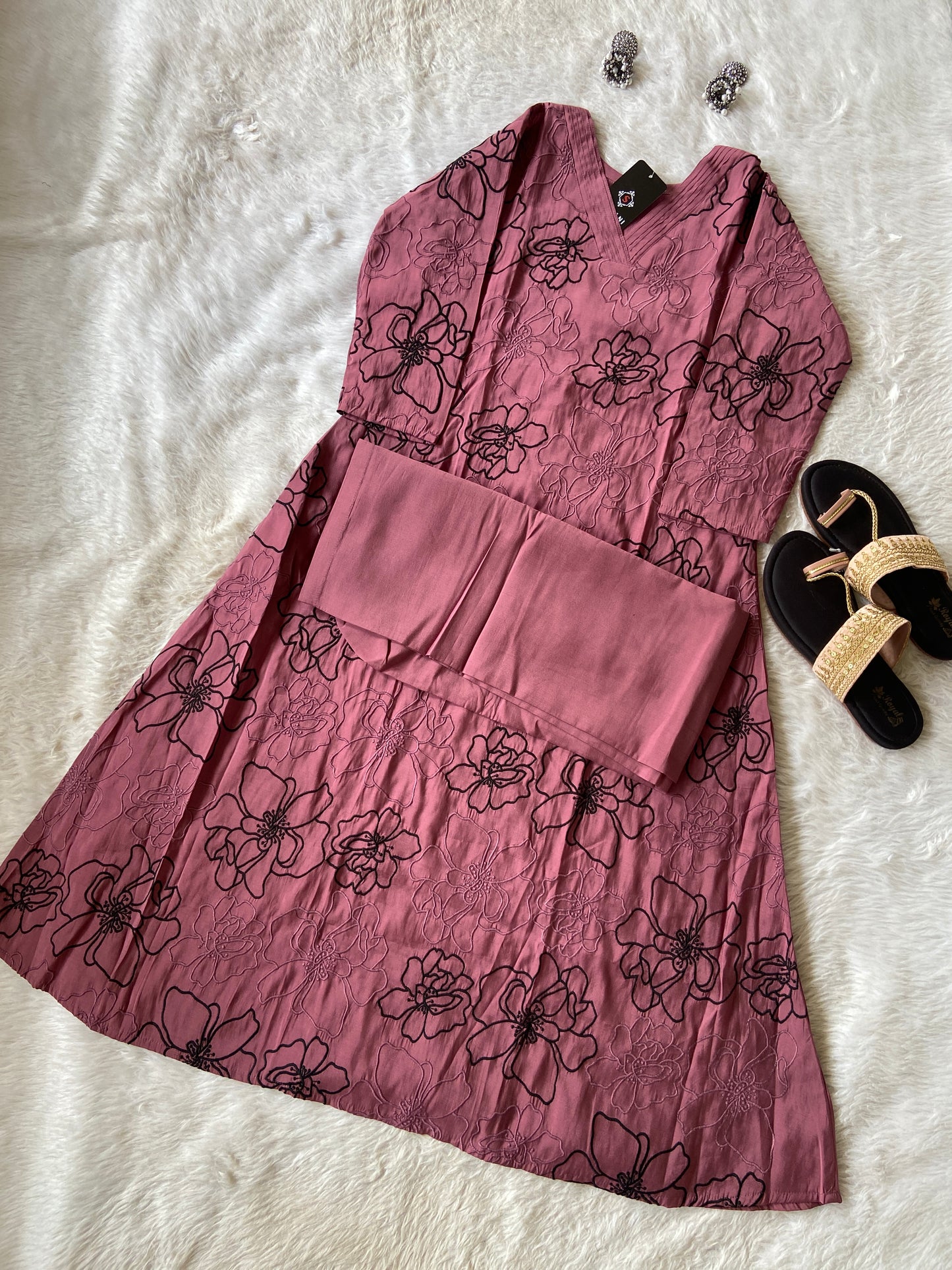 Flower Design Embroidery Work In Aline Kurti With Plain Palazzo, Silk Aline Kurti Sets For Women