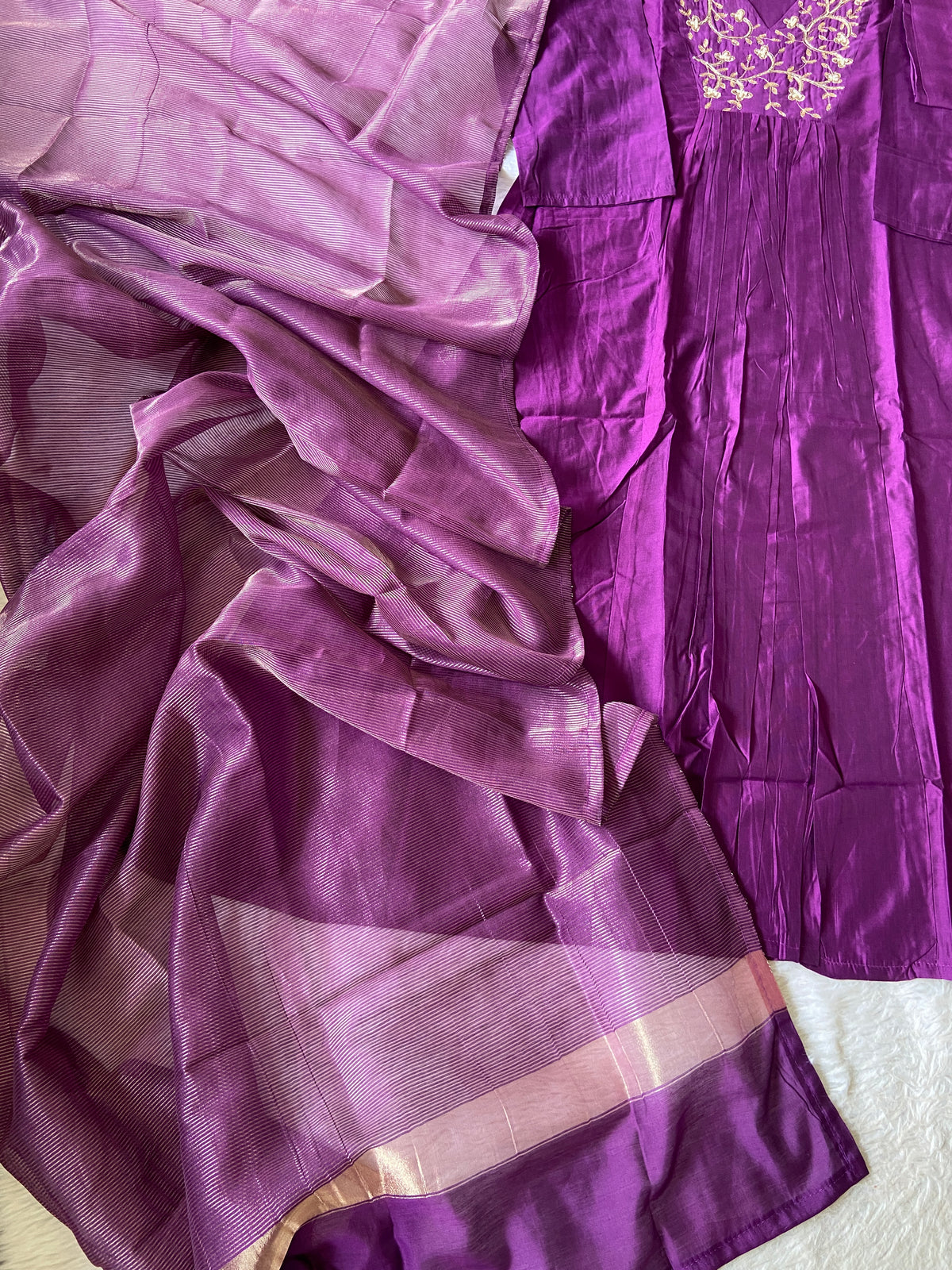 Hand Work Neck, Jamdani Silk Aline Kurti With Palazzo And Dupatta. Silk Suit Sets For Women Online India. Shop the Latest Festive Summer Collection at Shivani Designer Kurti.