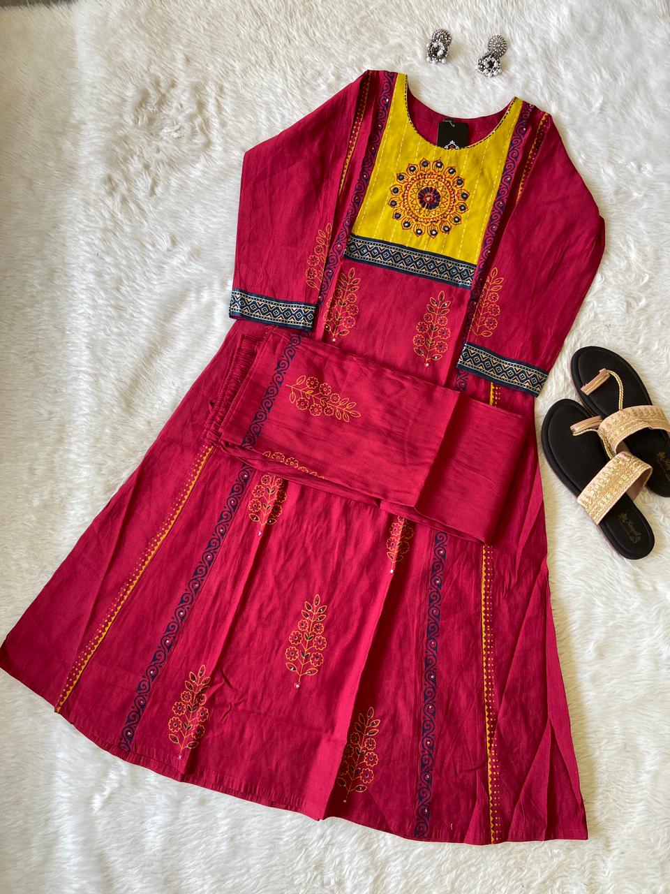 Block Print Aline Kurti With Palazzo, Silk Aline Kurti Sets For Women