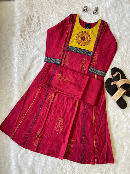 Block Print Aline Kurti With Palazzo, Silk Aline Kurti Sets For Women