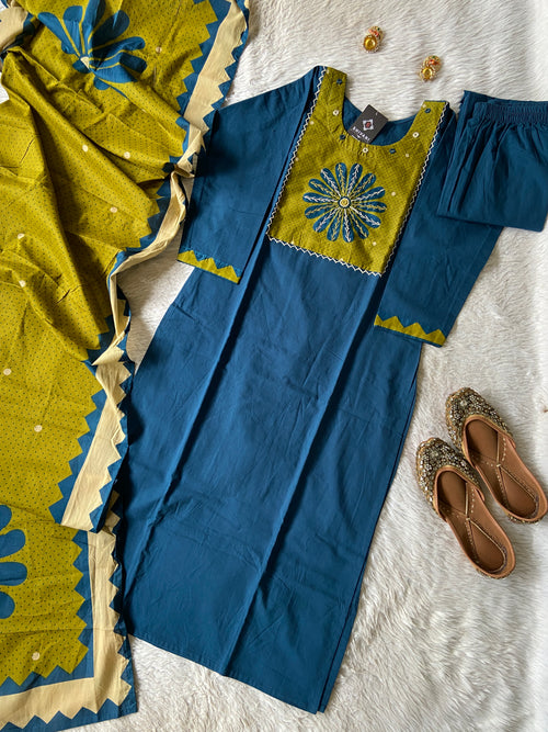 Cotton Straight Cut Kurti With Palazzo And Dupatta(Gamthi Pair). Cotton Suit Sets For Women Online India. Shop the Latest Festive Summer Collection at Shivani Designer Kurti.