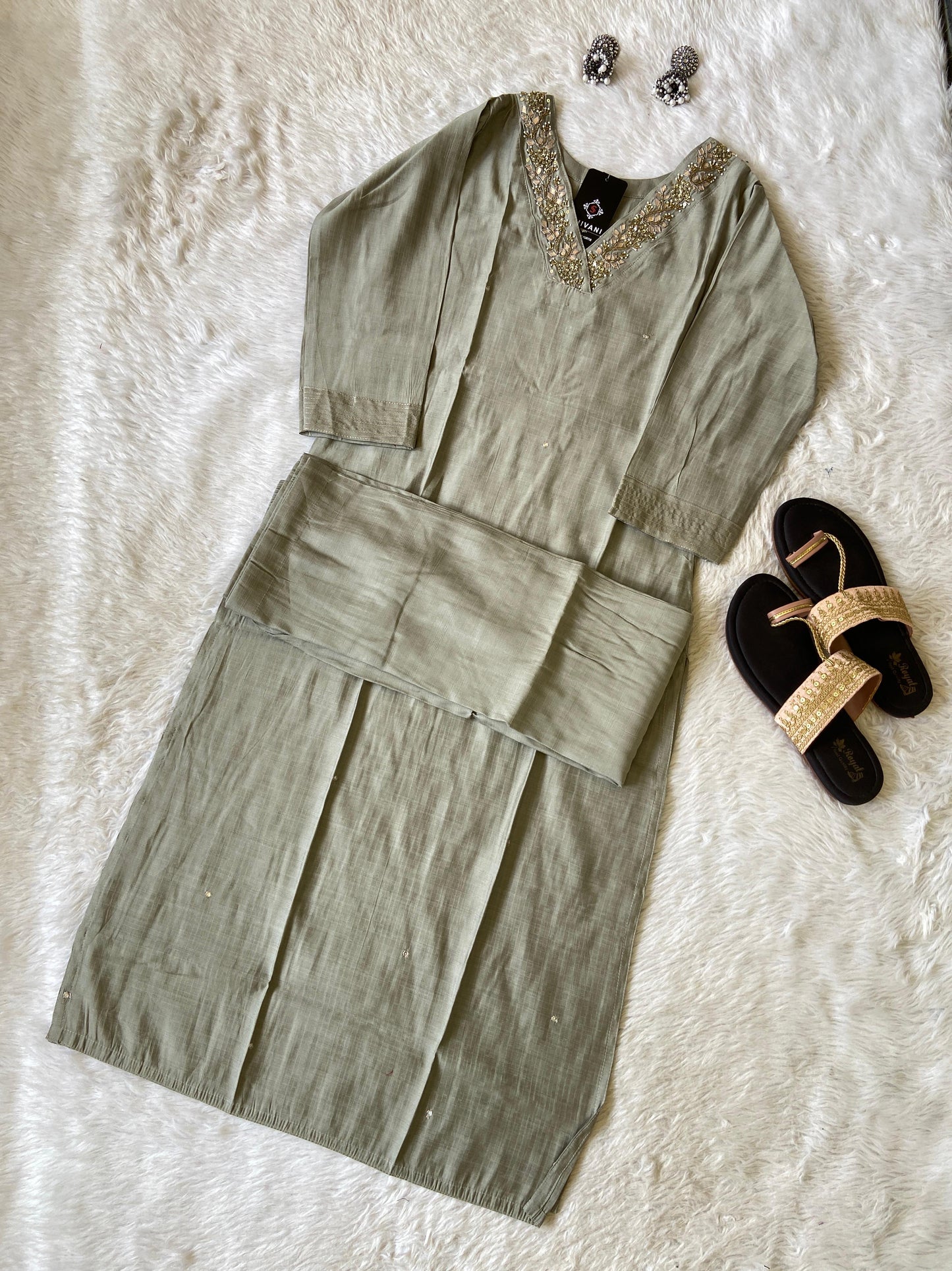 VNeck With Beautiful Handwork, StraightCut Kurti With Palazzo. Silk StraightCut Kurti Sets For Women