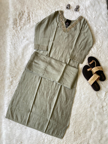 VNeck With Beautiful Handwork, StraightCut Kurti With Palazzo. Silk StraightCut Kurti Sets For Women