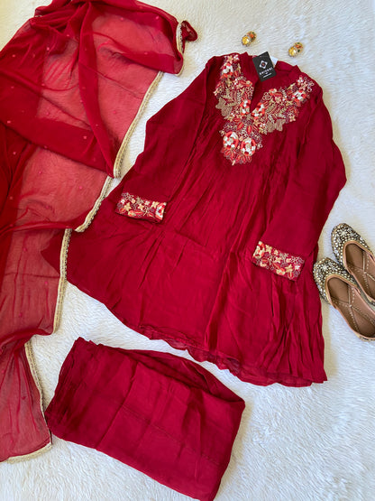 Premium Short Kurti Suit. Full Sleeve Chinnon Short Kurti With Full Flair Palazzo And Dupatta. Silk Suit Sets For Women Online India. Shop the Latest Festive Summer Collection at Shivani Designer Kurti.