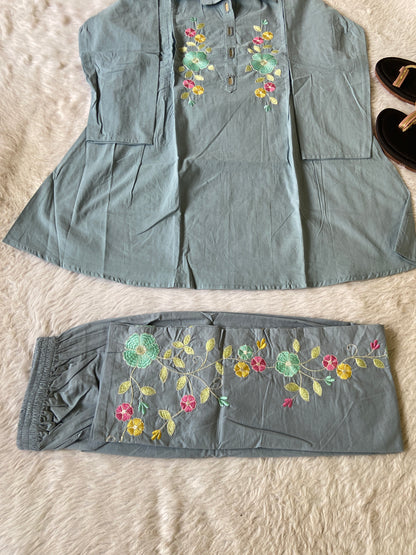 Beautiful Embroidery Work Cotton Co-ord Set With Palazzo. Cotton Co-ord Sets For Women Online India. Shop the Latest Festive Summer Collection at Shivani Designer Kurti.