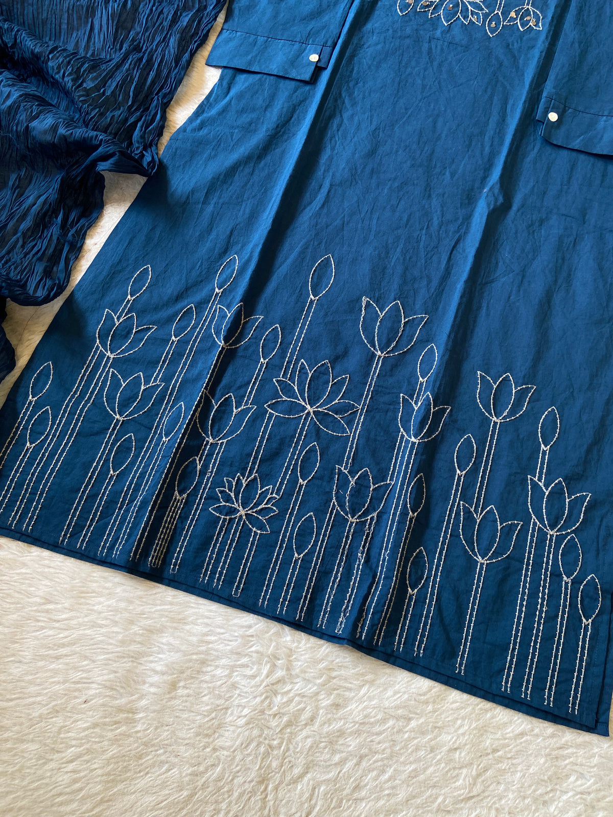 Flower Embroidery Work Cotton Straight Kurti, Pant And Dupatta. Cotton Suit Sets For Women Online India. Shop the Latest Festive Summer Collection at Shivani Designer Kurti.