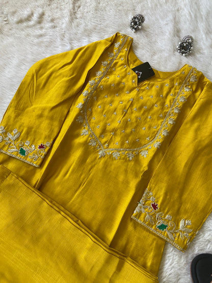 Sleeve Work And Neck Work Kurti With Matching Palazzo, Silk StraightCut Kurti Sets For Women