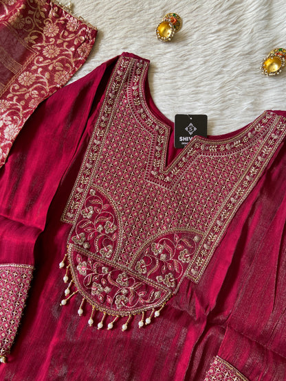 Heavy Embroidery Work Straight Kurti, Semi Palazzo And Dupatta. Silk Suit Sets For Women Online India. Shop the Latest Festive Summer Collection at Shivani Designer Kurti.