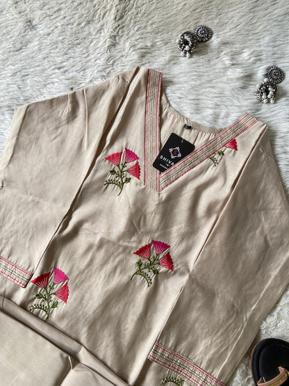 Flower Embroidery Work, V-Neck Style Aline Kurti And Palazzo. Silk Aline Kurti Sets For Women Online India. Shop the Latest Festive Summer Collection at Shivani Designer Kurti.