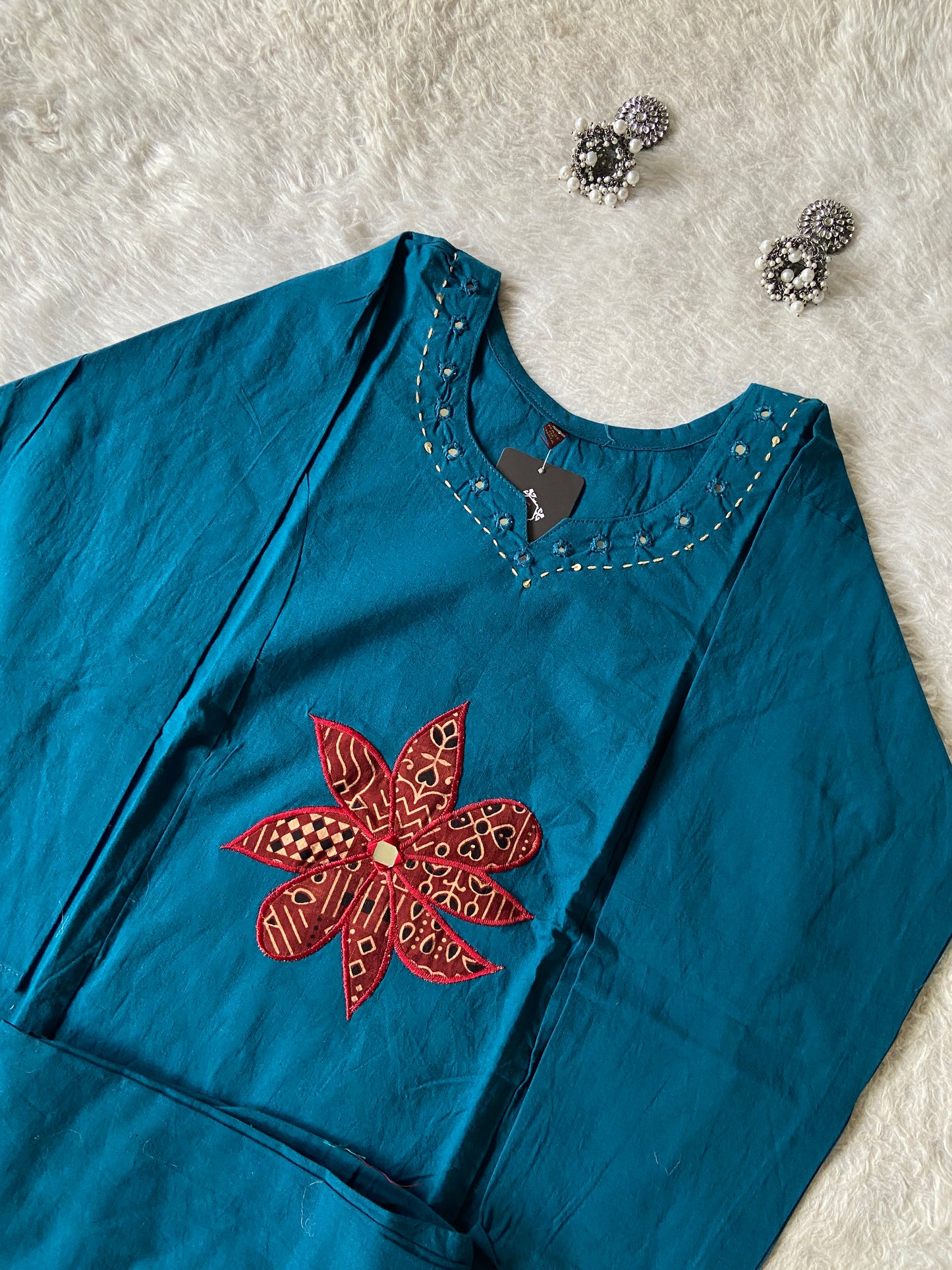 Real Mirror Work In Neck With Aplic Work Cotton Aline Kurti With Palazzo. Cotton Aline Kurti Sets For Women Online India. Shop the Latest Festive Summer Collection at Shivani Designer Kurti.
