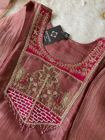 Premium Designer Crush Glass Tissue Elegant Minimal Handwork Aline Suit. Silk Suit Sets For Women Online India. Shop the Latest Festive Summer Collection at Shivani Designer Kurti.