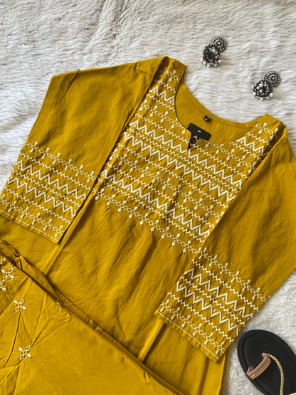 Flower Embroidery Work Cotton Aline Kurti With Palazzo. Cotton Kurti Sets For Women Online India. Shop the Latest Festive Summer Collection at Shivani Designer Kurti.