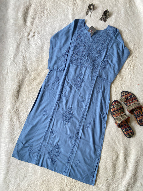 Rayon Straight Lucknowi Chikankari Long Kurti. Rayon Kurti For Women online India. Shop the Latest Festive Summer Collection at Shivani Designer Kurti.