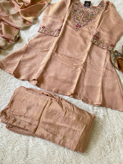 Premium Short Kurti Suit. Tissue Shimmer Short Kurti With Full Flair Palazzo And Dupatta. Silk Suit Sets For Women Online India. Shop the Latest Festive Summer Collection at Shivani Designer Kurti.