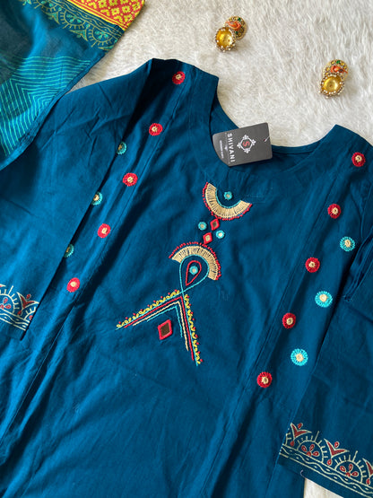 Cotton Hand Work Aline Kurti With Plain Palazzo And Block Printed Dupatta (Gamthi Pair). Cotton Suit Sets For Women Online India. Shop the Latest Festive Summer Collection at Shivani Designer Kurti.