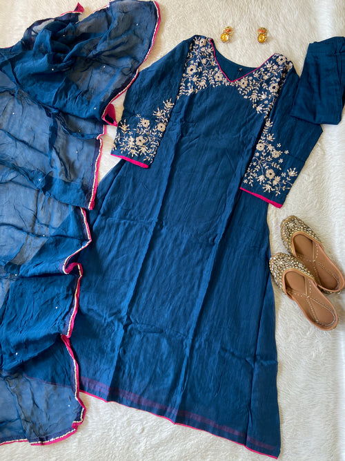 Premium Collection. Handwork In Sleeve And Neck, Banaras Mul Chanderi Aline Kurti With Semi Palazzo And Dupatta. Silk Suit Sets For Women Online India. Shop the Latest Festive Summer Collection at Shivani Designer Kurti.