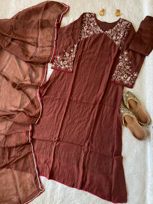Premium Collection. Handwork In Sleeve And Neck, Banaras Mul Chanderi Aline Kurti With Semi Palazzo And Dupatta. Silk Suit Sets For Women Online India. Shop the Latest Festive Summer Collection at Shivani Designer Kurti.