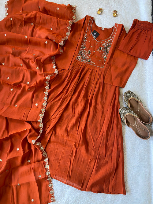 HandWork Work Mul Chanderi ALine Kurti With Semi Palazzo And Dupatta. Silk Suit Sets For Women Online India. Shop the Latest Festive Summer Collection at Shivani Designer Kurti.