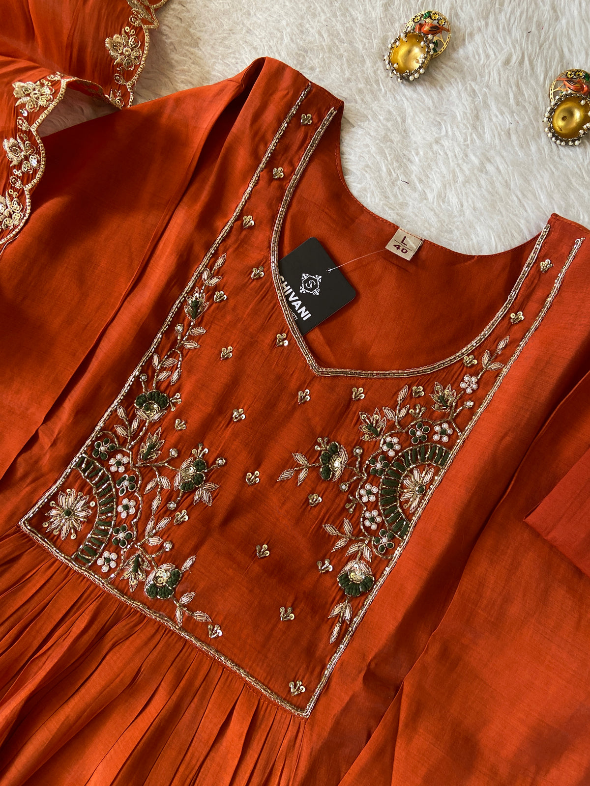 HandWork Work Mul Chanderi ALine Kurti With Semi Palazzo And Dupatta. Silk Suit Sets For Women Online India. Shop the Latest Festive Summer Collection at Shivani Designer Kurti.