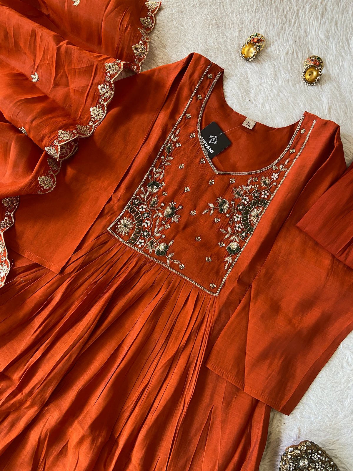 HandWork Work Mul Chanderi ALine Kurti With Semi Palazzo And Dupatta. Silk Suit Sets For Women Online India. Shop the Latest Festive Summer Collection at Shivani Designer Kurti.