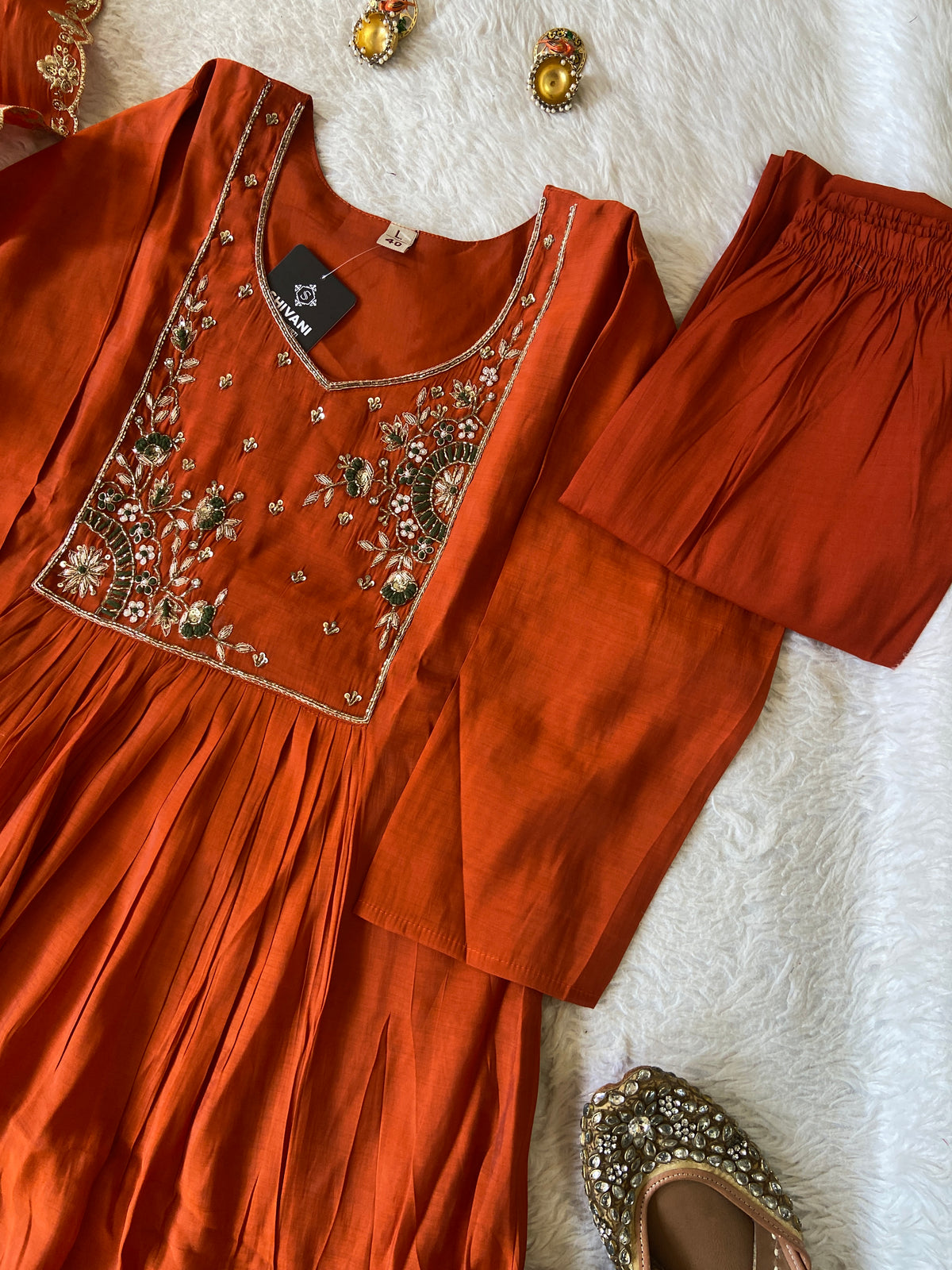 HandWork Work Mul Chanderi ALine Kurti With Semi Palazzo And Dupatta. Silk Suit Sets For Women Online India. Shop the Latest Festive Summer Collection at Shivani Designer Kurti.
