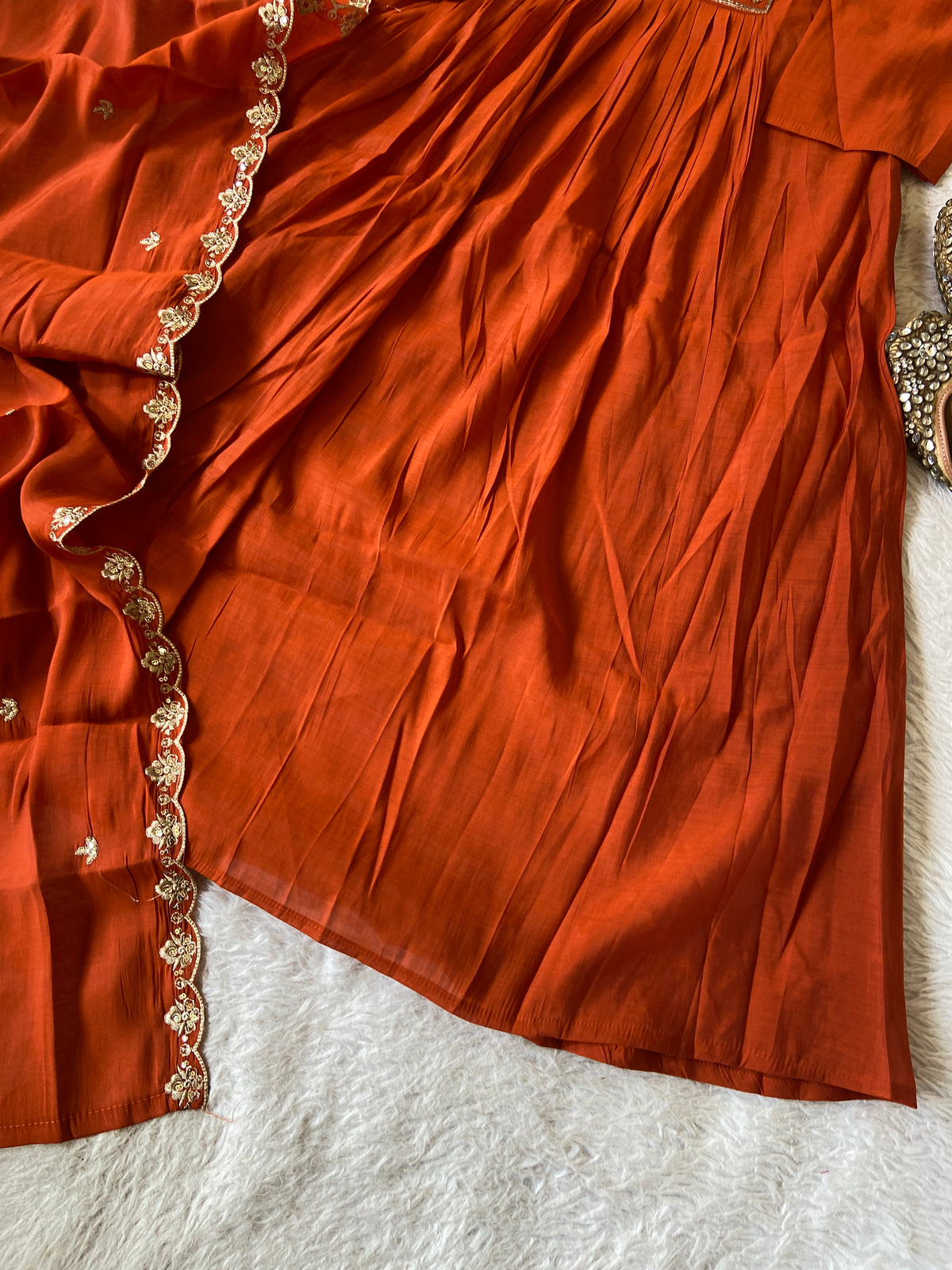 HandWork Work Mul Chanderi ALine Kurti With Semi Palazzo And Dupatta. Silk Suit Sets For Women Online India. Shop the Latest Festive Summer Collection at Shivani Designer Kurti.