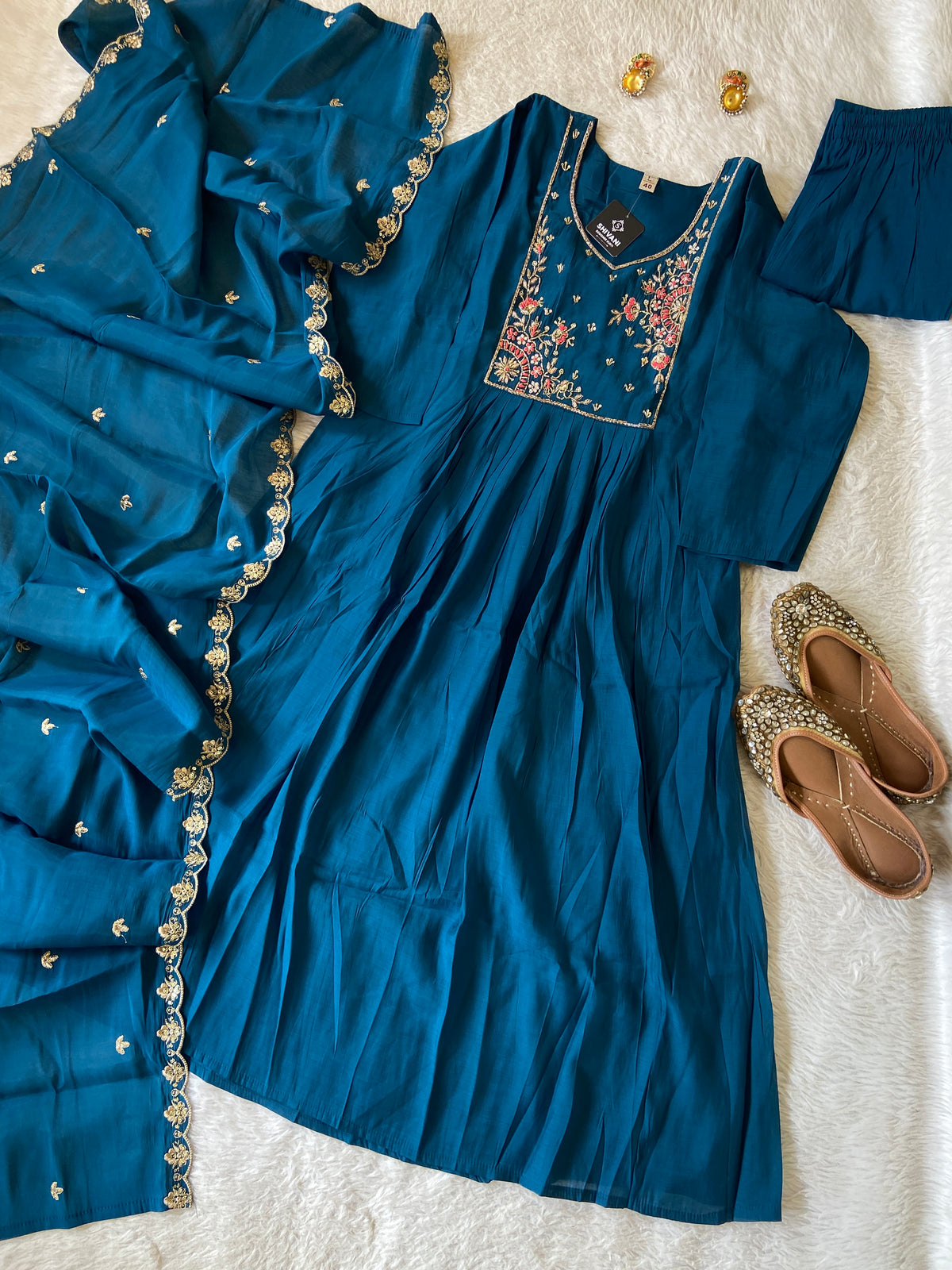HandWork Work Mul Chanderi ALine Kurti With Semi Palazzo And Dupatta. Silk Suit Sets For Women Online India. Shop the Latest Festive Summer Collection at Shivani Designer Kurti.