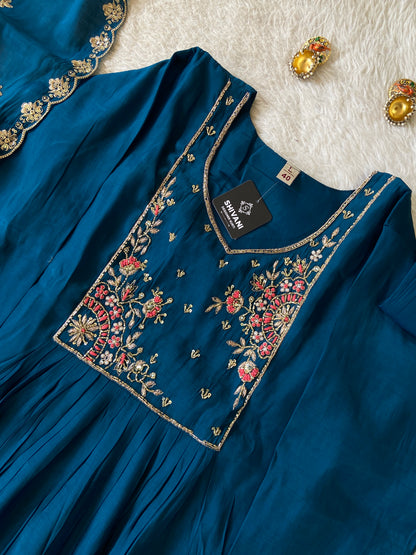 HandWork Work Mul Chanderi ALine Kurti With Semi Palazzo And Dupatta. Silk Suit Sets For Women Online India. Shop the Latest Festive Summer Collection at Shivani Designer Kurti.