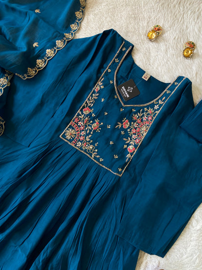 HandWork Work Mul Chanderi ALine Kurti With Semi Palazzo And Dupatta. Silk Suit Sets For Women Online India. Shop the Latest Festive Summer Collection at Shivani Designer Kurti.