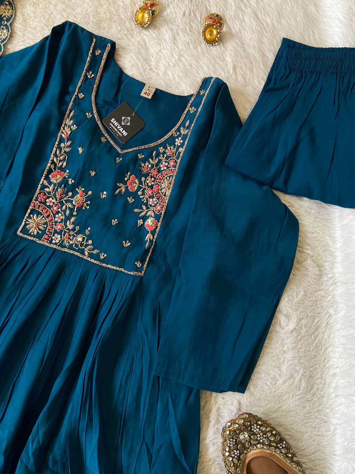 HandWork Work Mul Chanderi ALine Kurti With Semi Palazzo And Dupatta. Silk Suit Sets For Women Online India. Shop the Latest Festive Summer Collection at Shivani Designer Kurti.