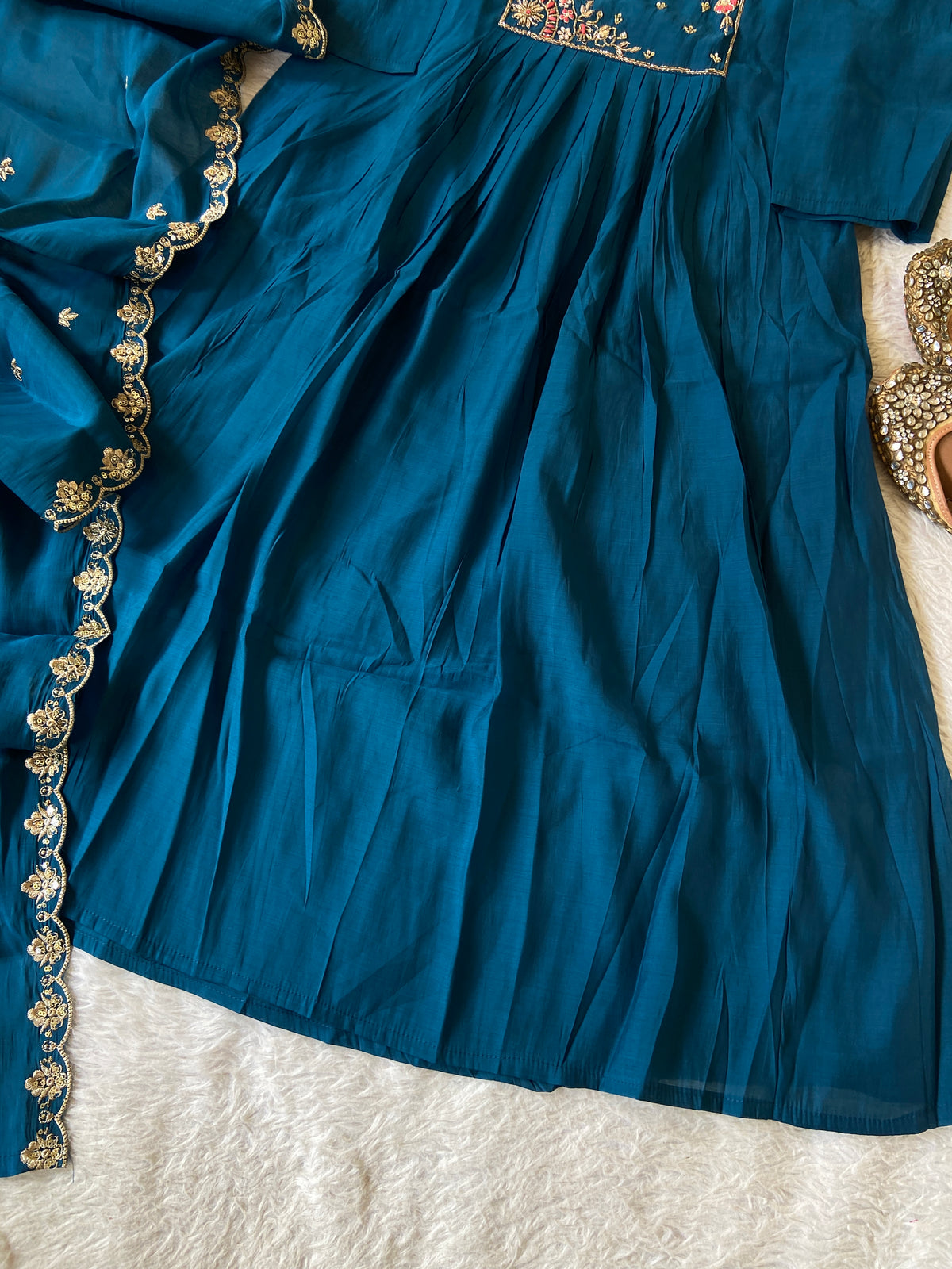 HandWork Work Mul Chanderi ALine Kurti With Semi Palazzo And Dupatta. Silk Suit Sets For Women Online India. Shop the Latest Festive Summer Collection at Shivani Designer Kurti.